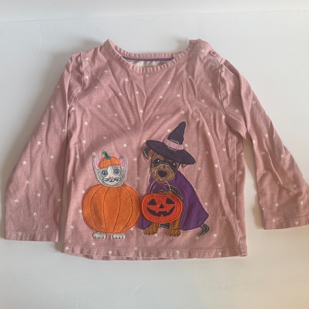 Mini Boden Pink Halloween Top with Pumpkin and Witch Design